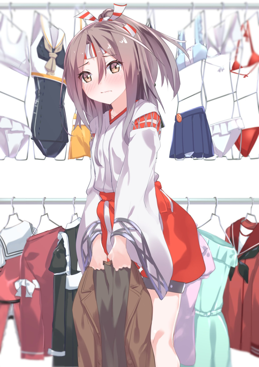 bikini blush brown_eyes brown_hair clothes_hanger commentary cosplay female hachimaki headband highres i-14_(kancolle) i-14_(kancolle)_(cosplay) japanese_clothes kantai_collection kariginu long_hair long_sleeves looking_at_viewer mikuma_(2016_swimsuit_mode)_(kancolle) mikuma_(kancolle) mikuma_(kancolle)_(cosplay) mogami_(kancolle) mogami_(kancolle)_(cosplay) natsuki_(gedo) one-piece_swimsuit pleated_skirt ponytail red_bikini ryuujou_(kancolle) ryuujou_(kancolle)_(cosplay) sailor_collar sazanami_(kancolle) sazanami_(kancolle)_(cosplay) sazanami_(swimsuit_mode)_(kancolle) skirt solo standing swimsuit swimsuit_hanger white_bikini wide_sleeves zuihou_(kancolle)