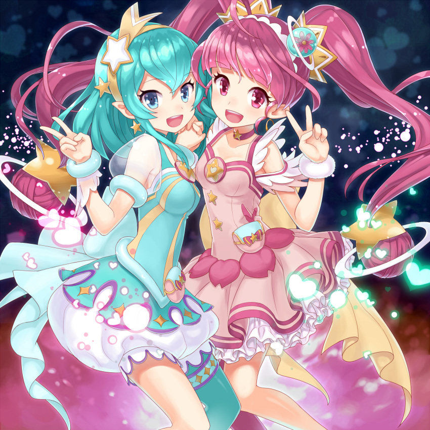 2girls :d aqua_hair aqua_pantyhose aqua_skirt blue_choker blue_eyes blunt_bangs bubble_skirt buntan choker collarbone commentary_request cure_milky cure_star frilled_skirt frills hagoromo_lala hair_ornament highres holding_hands hoshina_hikaru long_hair looking_at_viewer magical_girl multiple_girls open_mouth pantyhose pink_choker pink_eyes pink_hair pointy_ears precure red_skirt shooting_star_hair_ornament short_hair single_thighhigh skirt smile star_(symbol) star_hair_ornament star_twinkle_precure teeth thighhighs twintails upper_teeth_only v