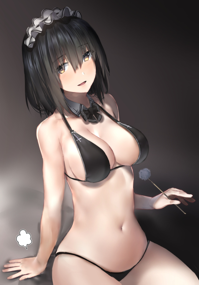 :d araido_kagiri arm_support bare_arms bare_shoulders bikini black_bikini black_bow black_bowtie black_hair bow bowtie breasts brown_eyes cleavage collarbone commentary_request detached_collar female hair_between_eyes highres holding large_breasts long_hair looking_at_viewer maid_headdress mimikaki navel open_mouth original puff_of_air revision sitting smile solo stomach swimsuit thighs