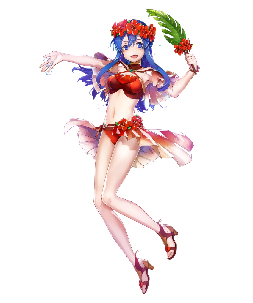 bare_arms bikini blue_eyes blue_hair bracelet breasts bunbun capelet female fire_emblem fire_emblem:_the_binding_blade fire_emblem_heroes flower full_body hair_ornament head_wreath hibiscus high_heels highres holding jewelry lilina_(fire_emblem) lilina_(summer)_(fire_emblem) long_hair looking_at_viewer medium_breasts navel official_art open_mouth red_bikini sandals smile solo stomach swimsuit toeless_footwear toes transparent_background