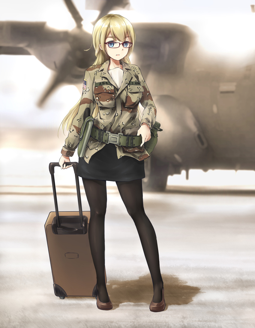 :o american_flag belt black_pantyhose blonde_hair blue_eyes blurry c-130_hercules camouflage camouflage_jacket canteen chinese_commentary commentary_request desert_camouflage female full_body girlcam_(tanto) glasses gun hand_on_own_hip handgun highres holster holstered jacket long_hair long_sleeves military pantyhose pencil_skirt photoshop_(medium) skirt solo standing suitcase tanto_(tc1995) united_states_army weapon