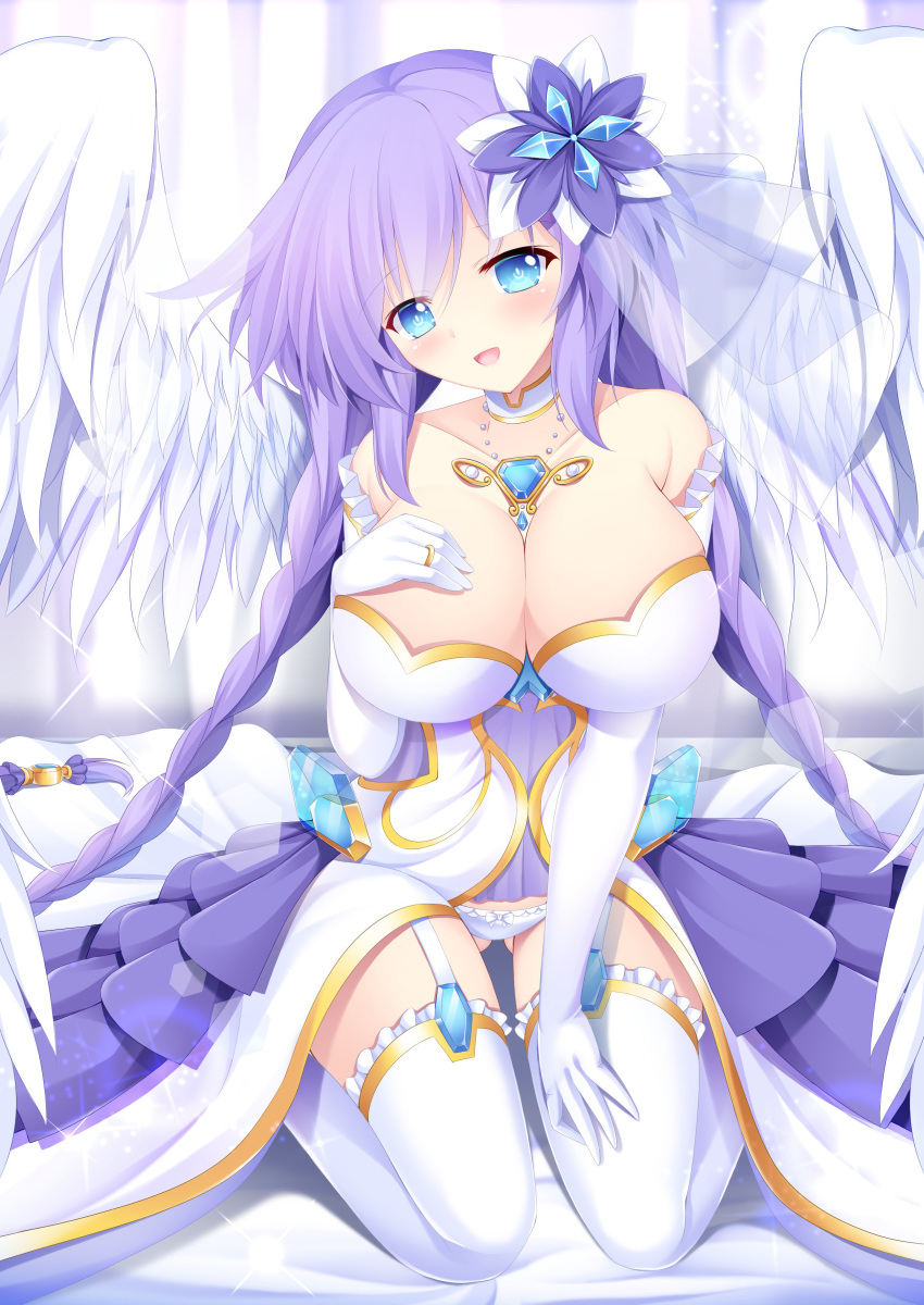 absurdres angel angel_wings ass_visible_through_thighs blue_eyes blush braid breasts cleavage commentary_request feathered_wings female four_goddesses_online:_cyber_dimension_neptune gloves hair_ornament hand_on_own_chest highres jewelry katubusi_kisimen large_breasts leotard long_hair looking_at_viewer neptune_(series) panties purple_hair purple_heart_(neptunia) ring sitting smile solo symbol-shaped_pupils thighhighs twin_braids underwear very_long_hair wariza white_gloves white_panties white_thighhighs white_wings wings