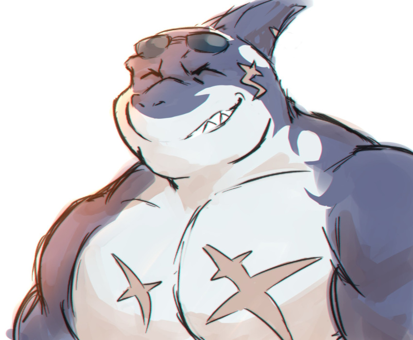 anthro cetacean closed_eyes dolphin episode0006 eyewear fish grin happy hi_res hybrid lifewonders light lighting male mammal marine muscular muscular_anthro muscular_male oceanic_dolphin orca pecs scar shark smile solo sunglasses tokyo_afterschool_summoners toothed_whale typhon_(tas)