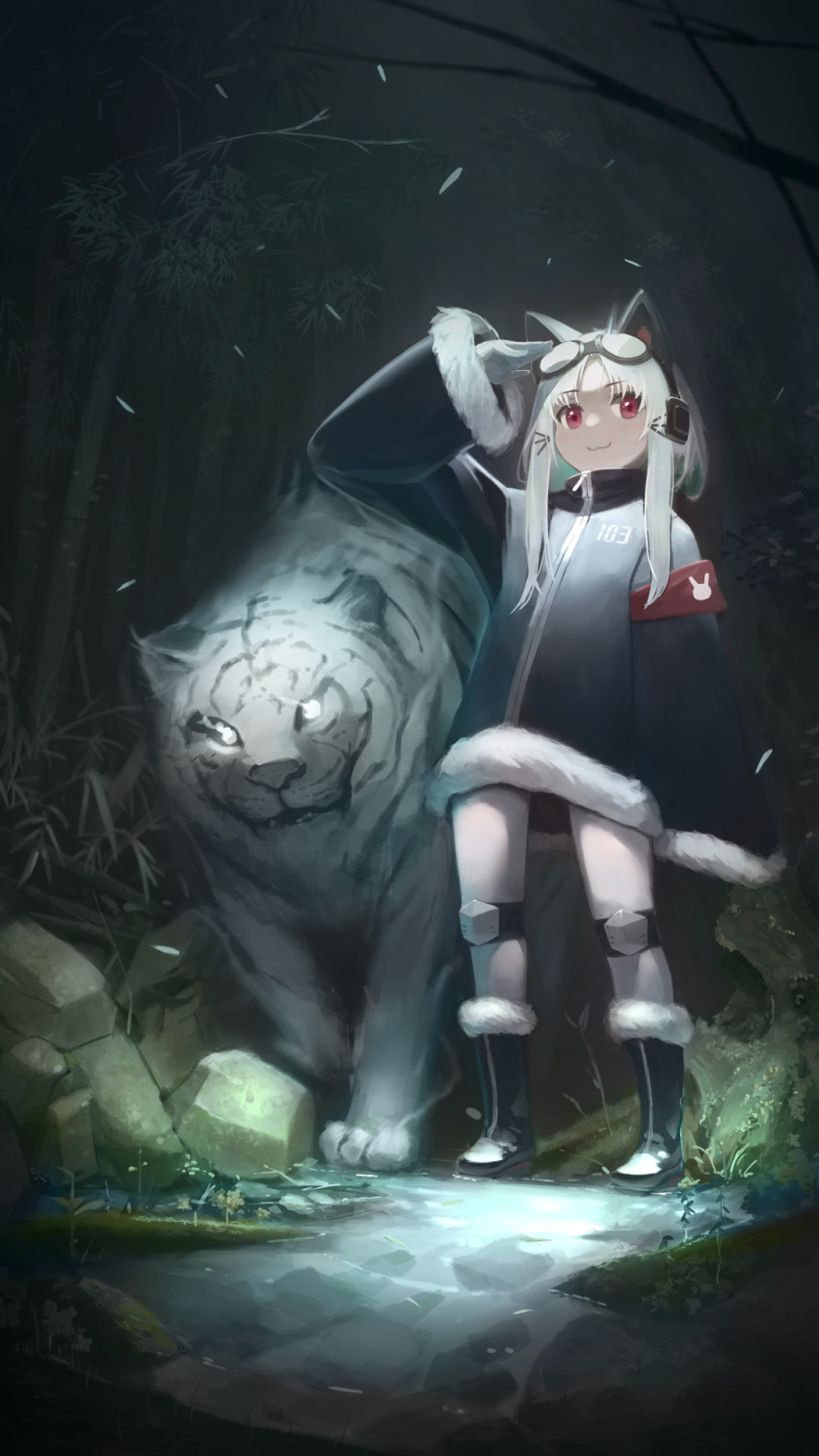 :3 animal animal_ear_headphones animal_ears azur_lane black_coat boots byakko cat_ear_headphones chang_chun_(azur_lane) chang_chun_(retrofit)_(azur_lane) coat fake_animal_ears female forest full_body fur-trimmed_coat fur_trim gloves goggles goggles_on_head grass grey_hair headphones high_heel_boots high_heels highres long_hair long_sleeves nature pantyhose red_eyes salute sleeves_past_wrists smile solo stone thighs tiger water white_gloves white_pantyhose white_tiger wide_sleeves yohia zipper