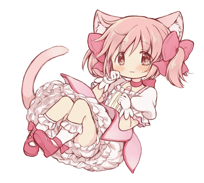 :3 absurdres animal_ear_fluff animal_ears bloomers cat_ears closed_mouth commentary female full_body gloves highres hitode kaname_madoka kaname_madoka_(magical_girl) looking_at_viewer magical_girl mahou_shoujo_madoka_magica mahou_shoujo_madoka_magica_(anime) pink_eyes pink_hair red_footwear short_hair simple_background smile socks solo twintails underwear white_background white_gloves white_socks