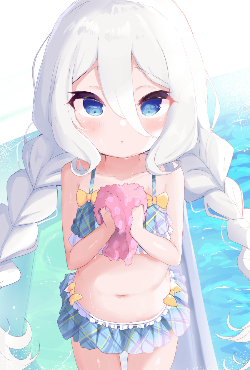 :o absurdres bad_id bad_pixiv_id bare_arms bare_shoulders bikini bikini_skirt blue_bikini blue_eyes blush bow braid collarbone commentary_request cowboy_shot female frilled_bikini frills hair_between_eyes highres holding kokkoro_(princess_connect!) kokkoro_(real)_(princess_connect!) long_hair looking_at_viewer low_twintails navel parted_lips plaid plaid_bikini princess_connect! solo standing swimsuit twin_braids twintails very_long_hair water white_hair yellow_bow yinpa_(wanone500511)