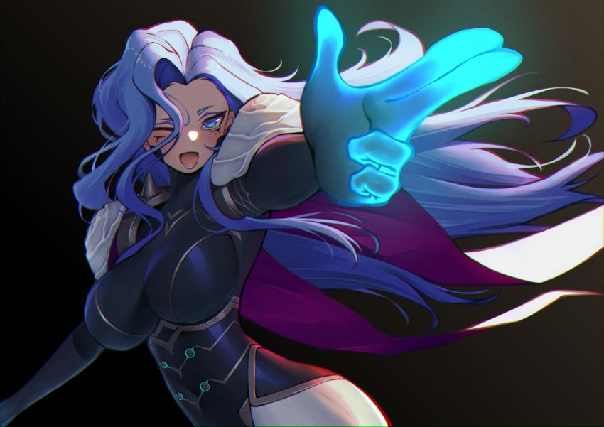 black_background blue_eyes blue_hair bodysuit breasts estelle_(omega_strikers) female hair_over_one_eye highres himeliofon large_breasts looking_at_viewer omega_strikers one_eye_closed open_mouth pointing pointing_at_viewer simple_background