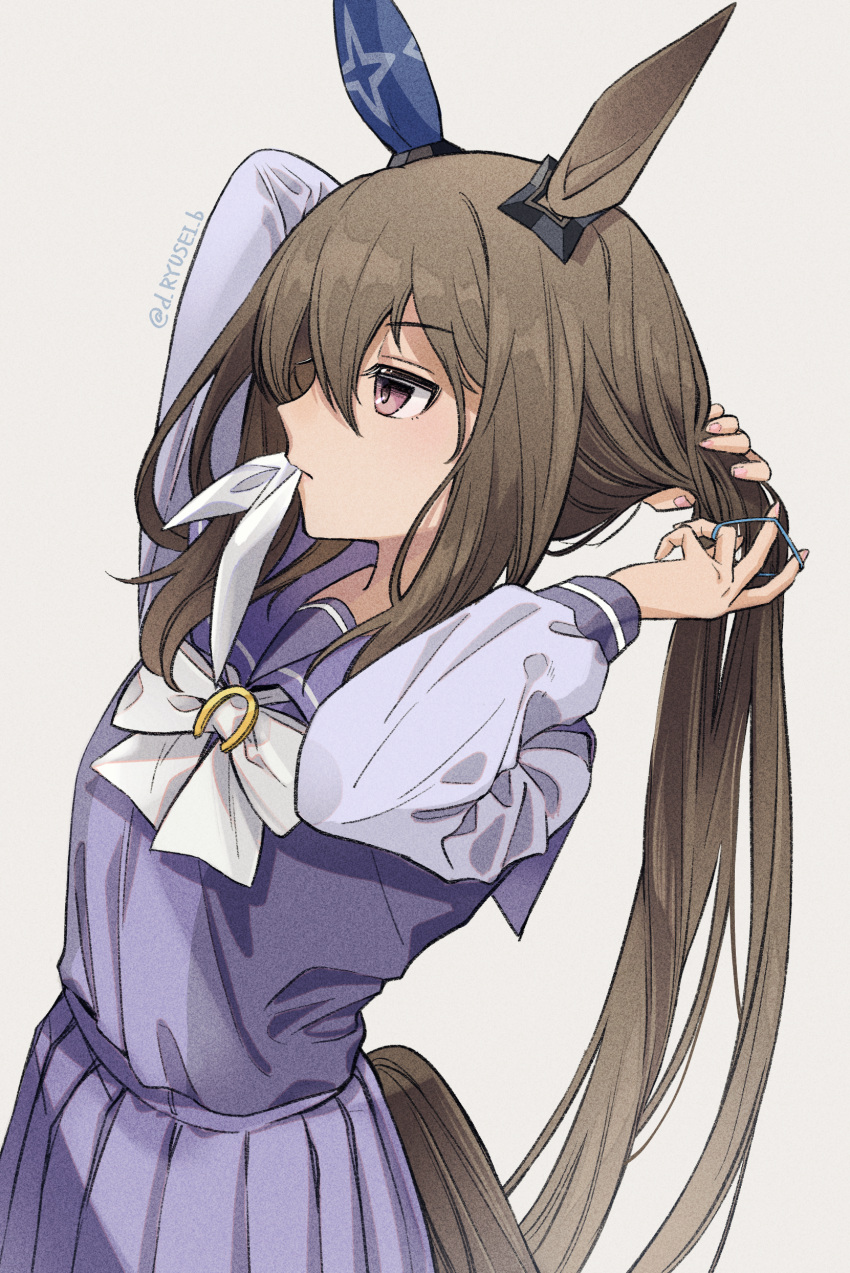 absurdres admire_vega_(umamusume) animal_ears arms_behind_head brown_hair female grey_background hair_tie highres horse_ears horse_girl horse_tail long_hair long_sleeves mouth_hold purple_eyes purple_shirt purple_skirt revision ryusei_(ryusei_b) sailor_collar school_uniform shirt simple_background skirt solo tail tracen_school_uniform twitter_username tying_hair umamusume