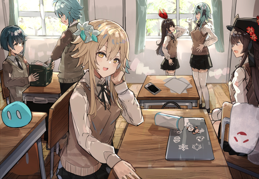 2boys 4girls amber_(genshin_impact) bag blonde_hair blue_hair boo_tao_(genshin_impact) brown_hair cardigan chair character_print chongyun_(genshin_impact) classroom commentary_request eula_(genshin_impact) flower genshin_impact hair_flower hair_ornament hat hat_flower highres hu_tao_(genshin_impact) indoors long_sleeves looking_at_viewer lumine_(genshin_impact) multiple_boys multiple_girls pleated_skirt school_uniform sitting skirt slime_(genshin_impact) smile standing table the_olphy thighhighs top_hat window xingqiu_(genshin_impact)