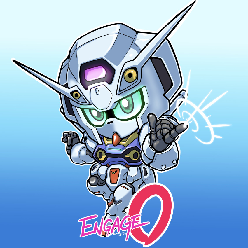 \m/ absurdres aqua_eyes artist_name blue_background character_name chibi dated glowing glowing_eyes gundam gundam_engage_zero gundam_u.c._engage highres looking_at_viewer mecha mobile_suit robot science_fiction sd_gundam solo tomutamo v-fin