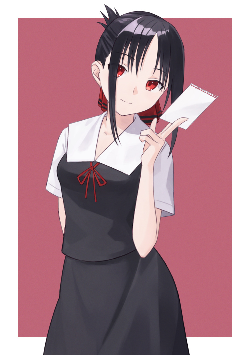 black_dress black_hair border cowboy_shot dress female hair_ribbon highres holding holding_paper kaguya-sama_wa_kokurasetai_~tensai-tachi_no_renai_zunousen~ paper red_background red_eyes red_ribbon ribbon school_uniform shimizu_tomoki shinomiya_kaguya short_sleeves shuuchiin_academy_school_uniform smile solo white_border white_sleeves