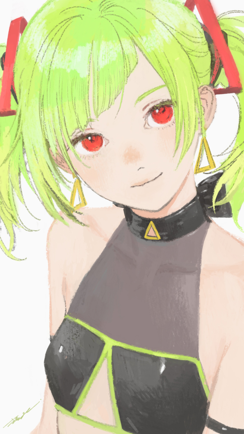 arm_strap asymmetrical_bangs bangs bare_shoulders blunt_bangs close-up closed_mouth clothing_cutout collarbone covered_collarbone delutaya diagonal_bangs earrings eyebrows face female green_hair grey_background head_tilt highres indie_virtual_youtuber jewelry looking_at_viewer matayoshi red_eyes short_hair short_twintails signature simple_background sleeveless smile solo triangle_earrings triangle_hair_ornament twintails underboob_cutout upper_body utaite_(singer)