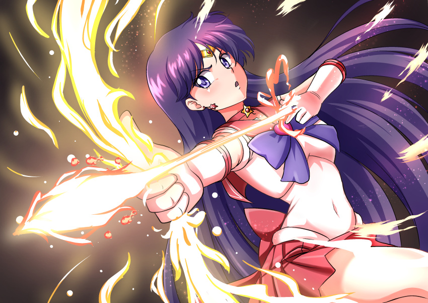 absurdres archery arrow_(projectile) atawatsho bishoujo_senshi_sailor_moon black_hair bow_(weapon) breasts brooch choker circlet commentary covered_navel cowboy_shot drawing_bow earrings female fire flaming_weapon gem gloves heart heart_brooch highres hino_rei holding holding_bow_(weapon) holding_weapon jewelry long_hair looking_to_the_side magical_girl mars_arrow mars_flame_sniper miniskirt open_mouth outstretched_arm parted_bangs pleated_skirt purple_eyes purple_hair red_choker red_skirt sailor_mars sailor_senshi_uniform skirt solo sparkle star_(symbol) star_choker star_earrings super_sailor_mars thighs v weapon white_gloves