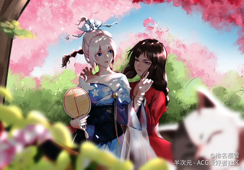 2girls braid brown_hair cherry_blossoms eyeliner highres hundred_demon_spectrum jacket lipstick long_hair makeup multiple_girls red_jacket tao_yao_(hundred_demon_spectrum) twin_braids white_hair