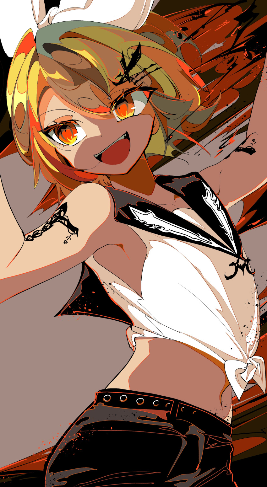 :d absurdres arched_back armpits arms_up bare_arms bare_shoulders black_shirt black_shorts blonde_hair bow collarbone commentary crop_top cross_tattoo female fiery_background fire flame_print flat_chest hair_ornament hairbow hairclip highres kagamine_rin kasaki_sakura midriff narrow_waist navel oerba_yun_fang orange_eyes sailor_collar sailor_shirt shirt short_hair shorts shoulder_tattoo skull_tattoo sleeveless sleeveless_shirt smile solo tattoo tied_shirt tsurime vocaloid white_bow white_shirt