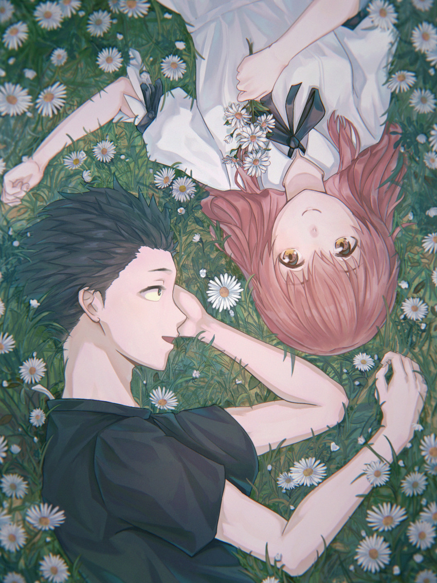 1boy black_eyes black_hair black_ribbon black_shirt brown_eyes brown_hair commentary_request female field flower flower_field from_above grass highres holding holding_flower ishida_shouya koe_no_katachi looking_at_another lying nishimiya_shouko on_back on_side outdoors ribbon shirt short_hair smile t-shirt white_shirt yato_(alphonse59)