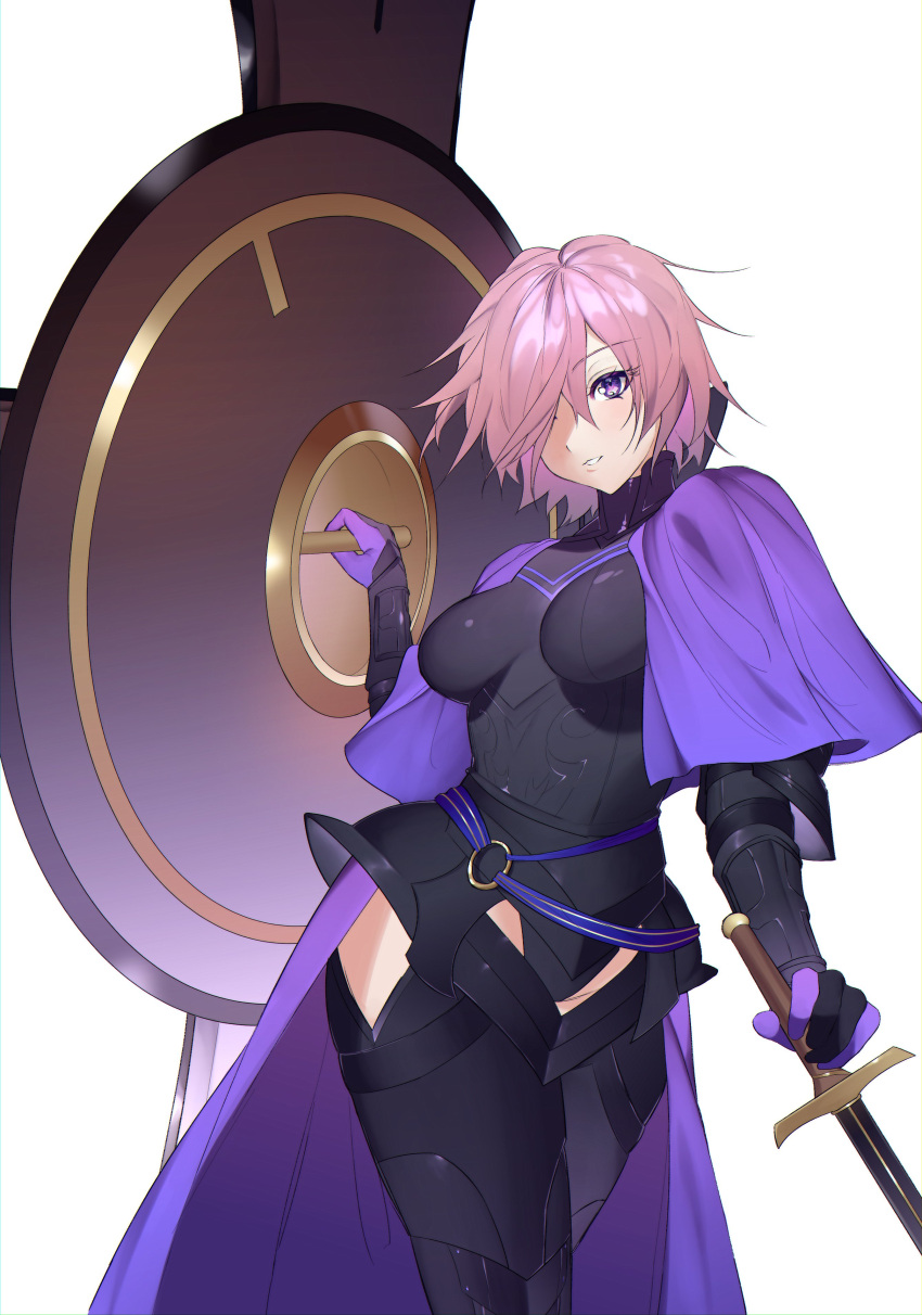 absurdres armor armored_dress black_thighhighs breasts cosplay fate/grand_order fate_(series) female galahad_(fate) galahad_(fate)_(cosplay) gloves hair_over_one_eye highres holding holding_shield looking_at_viewer lunethary mash_kyrielight medium_breasts purple_eyes purple_gloves purple_hair shield short_hair smile solo thighhighs