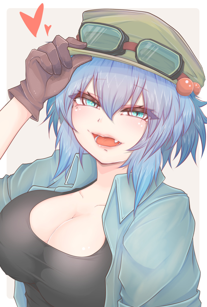 blue_eyes blue_jacket breasts brown_gloves cleavage commentary_request cube85 eyewear_on_head female flat_cap gloves green_hat hair_between_eyes hair_bobbles hair_ornament hand_on_headwear hat heart highres jacket kawashiro_nitori large_breasts looking_at_viewer oerba_yun_fang open_mouth simple_background solo touhou two_side_up upper_body white_background