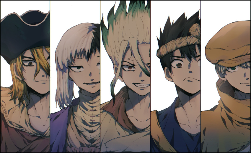 5boys asagiri_gen asymmetrical_hair black_eyes blonde_hair brown_eyes brown_hair chrome_(dr._stone) clenched_teeth commentary_request cracked_skin dr._stone gradient_hair hair_between_eyes hat highres ishigami_senkuu looking_at_viewer male_focus multicolored_hair multiple_boys nanami_ryuusui red_eyes saionji_ukyou spiked_hair split-color_hair tanuki_happa teeth two-tone_hair upper_body white_background white_hair