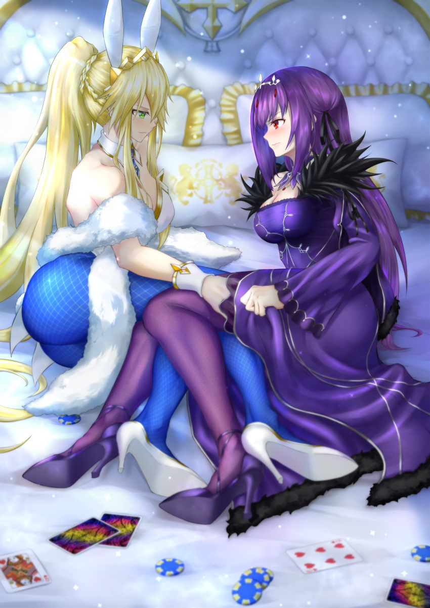 2girls absurdres ahoge animal_ears artoria_pendragon_(fate) artoria_pendragon_(swimsuit_ruler)_(fate) ash_(skyafter) ass bare_shoulders black_ribbon blonde_hair blue_necktie blue_pantyhose blush braid breasts card cleavage closed_mouth detached_collar dress fate/grand_order fate_(series) feather_boa feather_trim fishnet_pantyhose fishnets french_braid green_eyes hair_between_eyes hair_ribbon high_heels highleg highleg_leotard highres jewelry large_breasts legs leotard long_hair long_sleeves looking_at_another multiple_girls necklace necktie on_bed pantyhose pendant pillow playboy_bunny playing_card poker_chip purple_dress purple_footwear purple_hair purple_legwear rabbit_ears red_eyes ribbon scathach_(fate) scathach_skadi_(fate) shiny_pantyhose sidelocks smile tiara wavy_mouth white_footwear white_leotard wrist_cuffs yuri