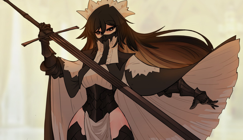 armored_corset black_eyes black_hair blurry blurry_background brown_hair cape centurii-chan_(artist) commentary english_commentary executioner_maid_(centuriic) female frills highres holding holding_sword holding_weapon long_hair looking_at_viewer maid maid_headdress mask mouth_mask mouth_veil multicolored_hair original pelvic_curtain solo sword thighhighs two-tone_hair veil weapon