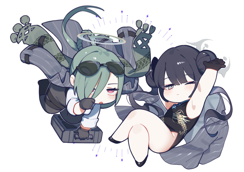 2girls absurdres arms_up black_dress black_footwear black_gloves black_hair blue_archive blush chibi china_dress chinese_clothes closed_mouth coat crossed_legs double_bun dragon_print dress eyewear_on_head gloves green_hair green_halo grey_coat grey_eyes hair_bun halo highres hufy kisaki_(blue_archive) long_hair looking_at_viewer mina_(blue_archive) multiple_girls one_eye_closed red_eyes simple_background sleeveless sleeveless_dress sunglasses very_long_hair white_background