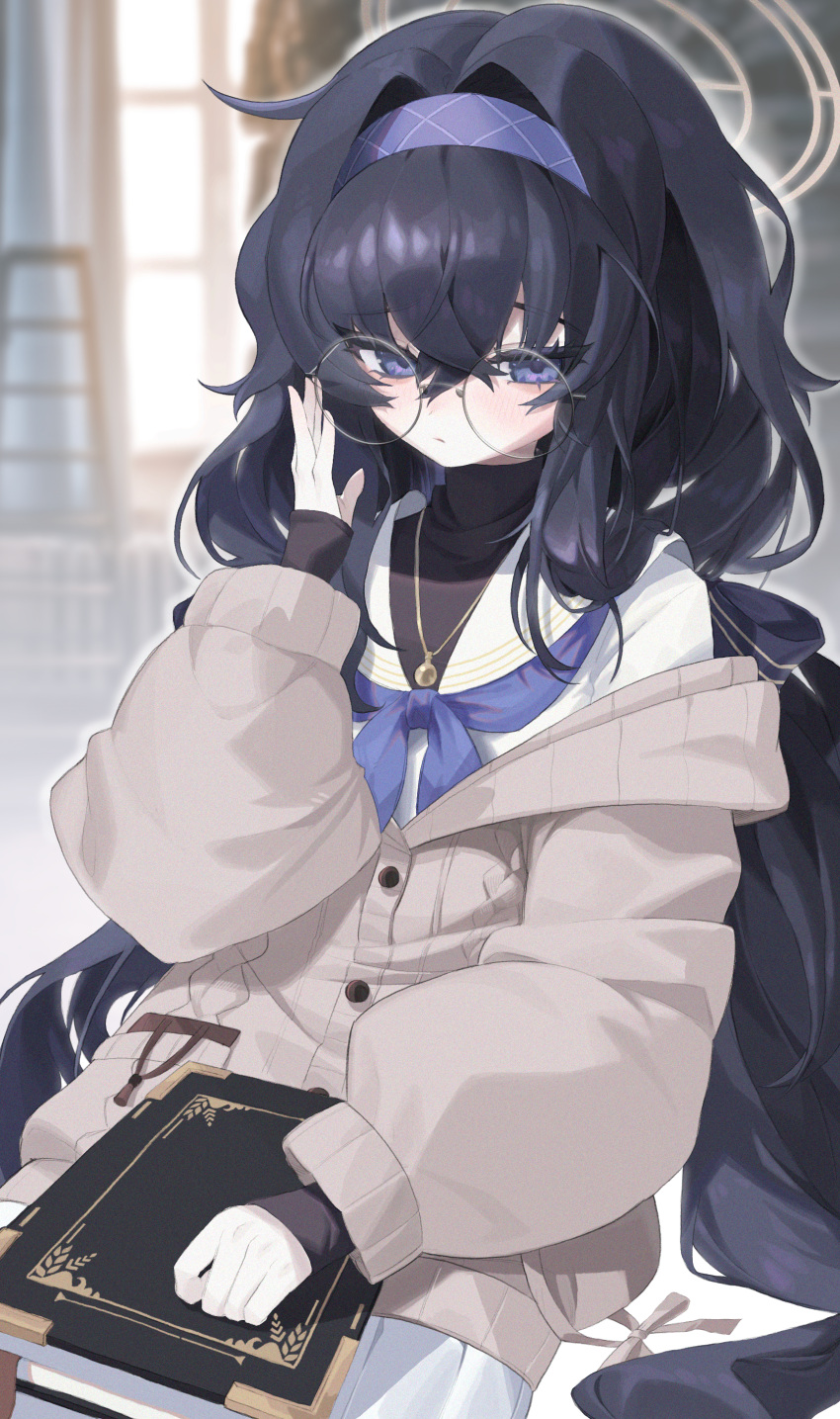 absurdres bad_id bad_pixiv_id bags_under_eyes black_hair black_undershirt blue_archive blue_eyes blue_hairband blue_neckerchief blush book cardigan commentary_request female hair_between_eyes hairband halo highres jewelry long_hair long_sleeves looking_at_viewer low_twintails neckerchief necklace pleated_skirt rima_(0136) sailor_collar school_uniform serafuku simple_background skirt solo twintails ui_(blue_archive) very_long_hair white_background white_serafuku white_skirt