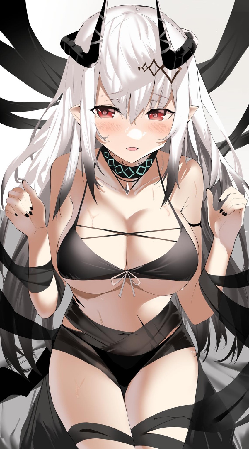 arknights bikini black_bikini black_horns black_nails black_ribbon blush breasts female gradient_hair grey_hair hair_between_eyes hair_ornament hands_up highres horns infection_monitor_(arknights) large_breasts looking_at_viewer material_growth mudrock_(arknights) mudrock_(silent_night)_(arknights) multicolored_hair open_mouth oripathy_lesion_(arknights) pointy_ears raised_eyebrows red_eyes ribbon shiben_(ugvu5784) solo swimsuit two-tone_hair white_hair