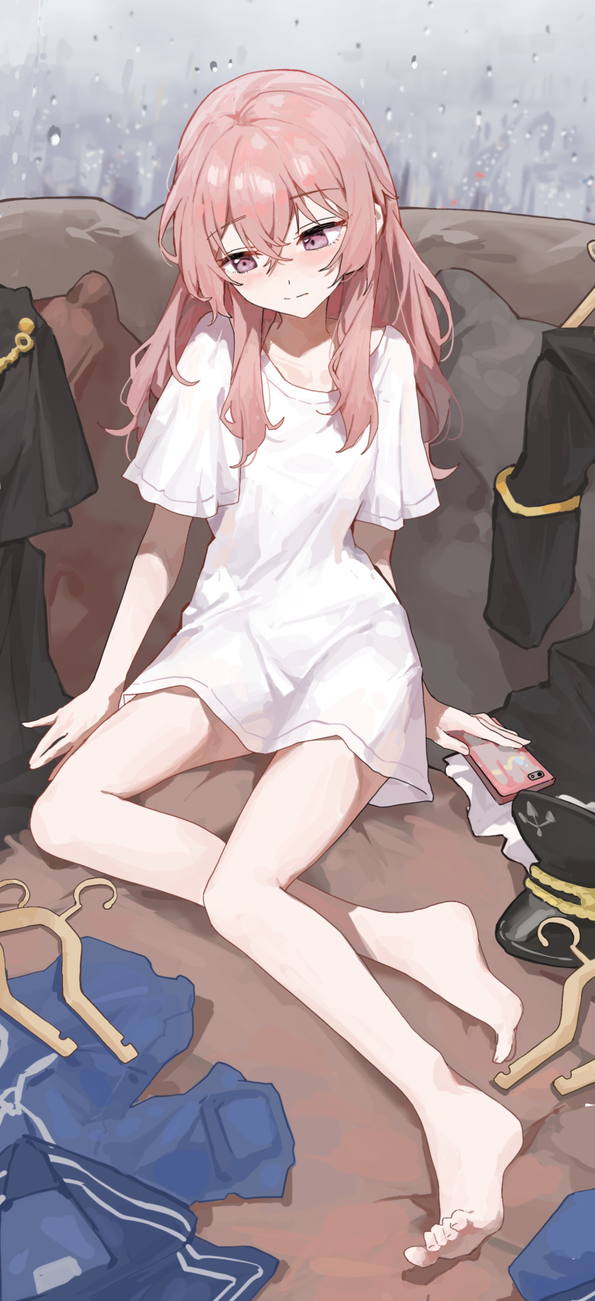 absurdres averting_eyes bare_legs barefoot blush commentary_request feet female hat highres holding holding_phone inui_sajuna legs looking_down oversized_clothes oversized_shirt peaked_cap petite phone pink_eyes pink_hair sentter shirt sidelocks solo sono_bisque_doll_wa_koi_wo_suru toenails toes white_shirt