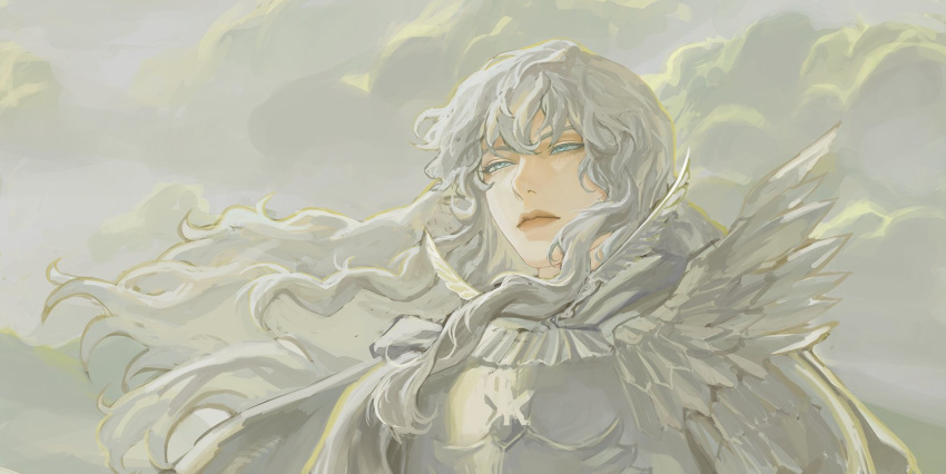 1boy armor berserk blackbox_(blackbox9158) blue_eyes breastplate cloud griffith_(berserk) highres long_hair looking_ahead male_focus outdoors portrait sky solo wavy_hair white_hair wings