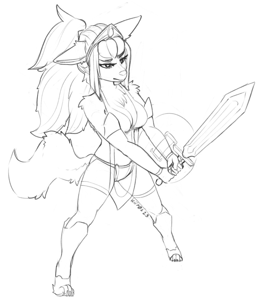 anthro aurum_(kiit0s) breasts canid canine canis cleavage clothed clothing digitigrade female hi_res holding_melee_weapon holding_object holding_sword holding_weapon kiit0s mammal melee_weapon monochrome solo sword weapon wolf