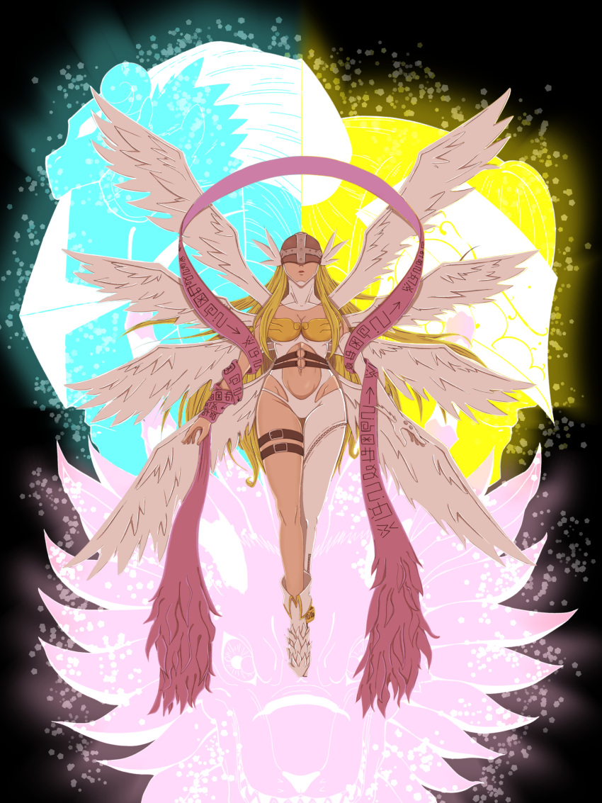 3girls absurdres angel_wings angewomon asymmetrical_clothes belt blonde_hair breasts clothing_cutout covered_eyes digimoji digimon digimon_(creature) douglas_(douglasps) elbow_gloves feathered_wings gloves hagoromo helmet helmet_over_eyes highres holydramon long_hair lovelyangemon multiple_belts multiple_girls multiple_wings navel navel_cutout o-ring o-ring_belt ofanimon self-upload shawl single_glove thigh_strap very_long_hair white_footwear white_gloves white_wings winged_helmet wings