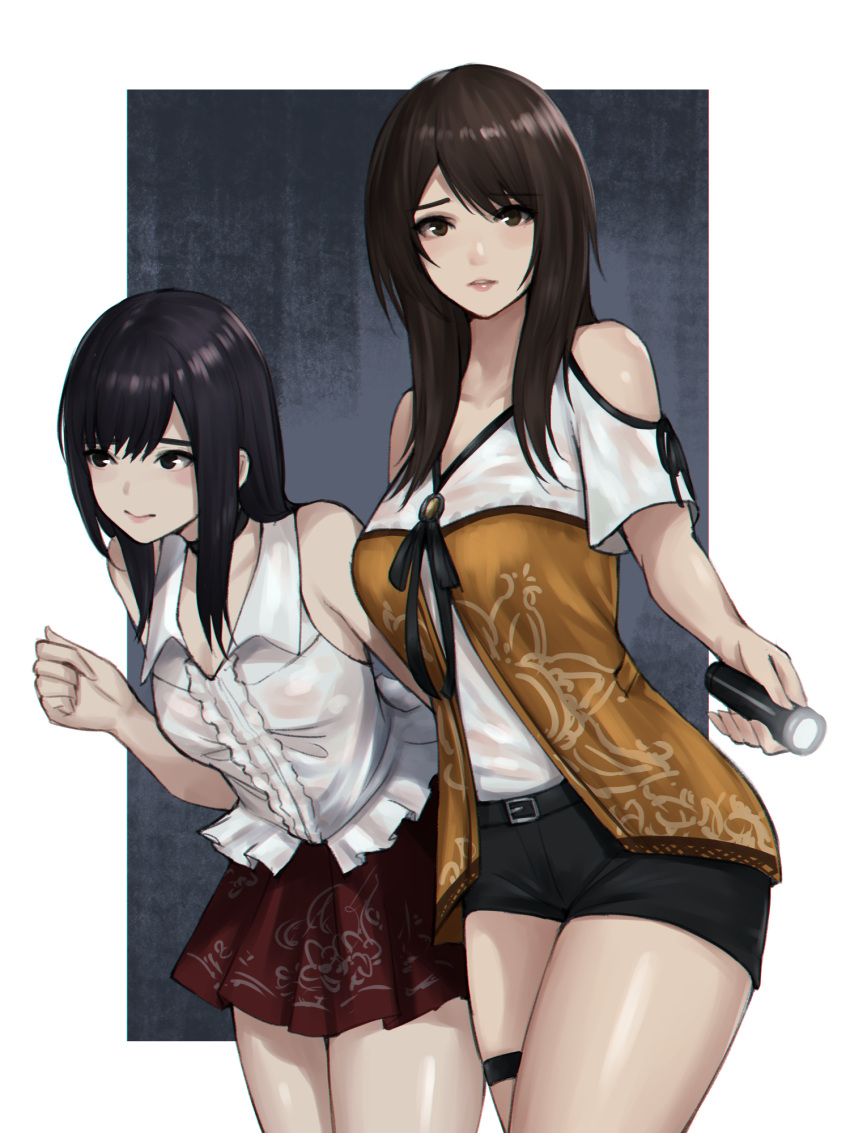 2girls bare_shoulders belt black_choker black_eyes black_hair black_ribbon black_shorts blouse blush breasts brown_eyes brown_hair choker closed_mouth clothing_cutout collarbone commentary_request fatal_frame fatal_frame_5 flashlight frills highres hinasaki_miu holding holding_flashlight kozukata_yuuri kurone_rinka long_hair multiple_girls parted_lips pink_eyes red_skirt ribbon see-through shirt short_shorts shorts shoulder_cutout skirt thigh_strap walking