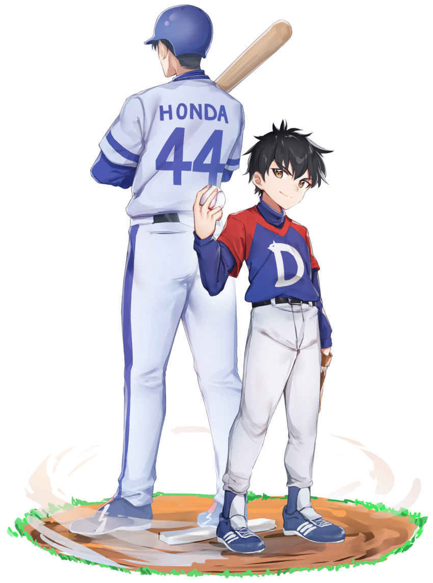 2boys baseball baseball_bat baseball_costume baseball_uniform black_hair blue_footwear blue_shirt commentary_request from_behind full_body helmet highres holding holding_baseball_bat honda_gorou lolicon long_sleeves looking_at_viewer major male_focus multiple_boys pants red_shirt shirt shoes short_hair simple_background smile sportswear tapioka_(oekakitapioka) white_background white_pants