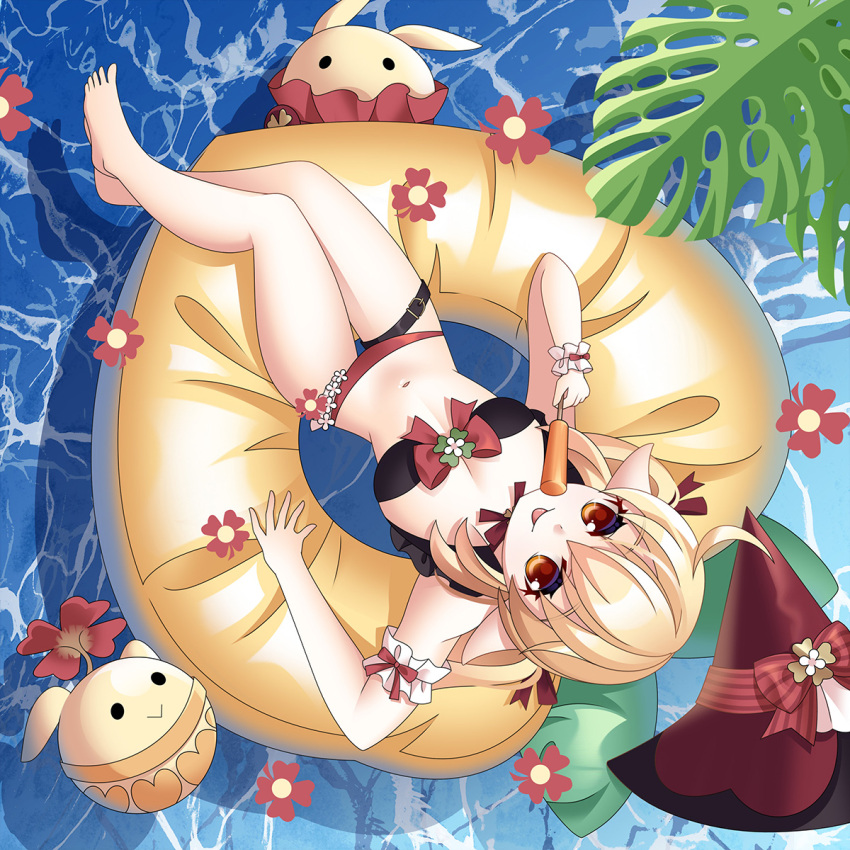 alternate_costume belt blonde_hair blush breasts cleavage collarbone commentary_request female flower food genshin_impact hat highres hoxi innertube klee_(genshin_impact) leaf looking_at_viewer lying navel ocean pointy_ears popsicle red_eyes small_breasts solo swim_ring tongue tongue_out