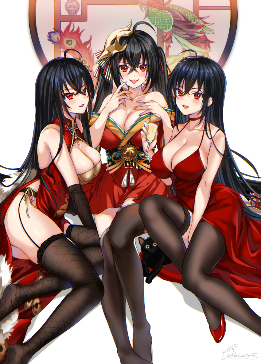 3girls absurdres ahoge alcohol azur_lane bare_shoulders black_cat black_footwear black_hair black_thighhighs blush breasts bridal_gauntlets champagne china_dress chinese_clothes choker cleavage cleavage_cutout clothing_cutout cocktail_dress cokecoco collarbone commentary_request cup dress drinking_glass feline fishnet_thighhighs fishnets garter_straps hair_between_eyes hair_ornament highres japanese_clothes kimono large_breasts long_hair looking_at_viewer mask mask_on_head multiple_girls multiple_persona off_shoulder official_alternate_costume open_mouth red_choker red_dress red_eyes red_kimono ribbon shoes sitting smile striped striped_ribbon taihou_(azur_lane) taihou_(forbidden_feast)_(azur_lane) taihou_(phoenix's_spring_song)_(azur_lane) thighhighs very_long_hair