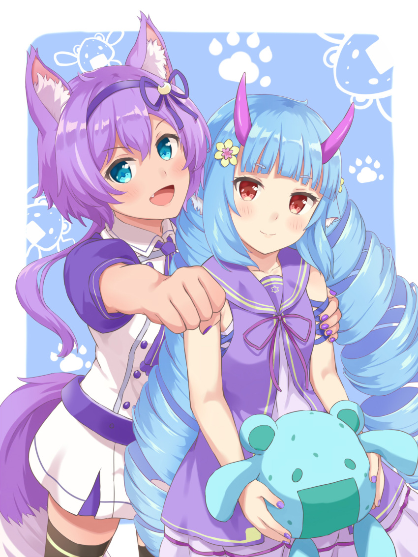 3:4 accessory alternative_fashion animal_humanoid blue_hair blush canid canid_humanoid canine canine_humanoid canis colored_nails delmin_(show_by_rock!!) demon dragon dragon_humanoid duo female flower flower_in_hair fluffy_ears green_eyes hair hair_accessory hi_res horn horned_humanoid humanoid j-fashion long_hair machikado07 mammal mammal_humanoid mythological_creature mythological_scalie mythology nails open_mouth plant plushie purple_hair red_eyes ruhuyu_(show_by_rock!!) sanrio scalie short_hair show_by_rock!! simple_background wolf wolf_humanoid