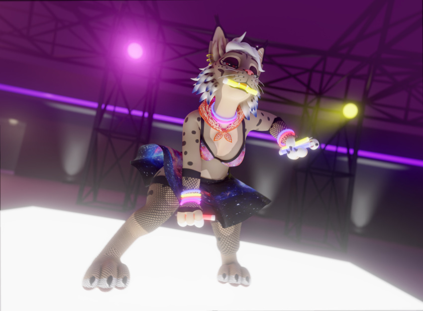 2022 3d_(artwork) action_pose anthro armwear bandana bedroom_eyes blender_(artwork) blender_cycles blue_highlights bottomwear bra breasts brown_body cervidaeaxis cheek_tuft claws clothed clothing clothing_lift colorful_theme dance_floor dancing digital_media_(artwork) dutch_angle ear_piercing eyeshadow facial_tuft feet felid feline female fishnet_armwear fishnet_clothing fishnet_legwear flipside_(lynx) glowstick glowstick_bracelet glowstick_in_mouth glowstick_necklace hair hi_res highlights_(coloring) industrial_piercing kerchief legwear lingerie low-angle_view lynx makeup mammal markings narrowed_eyes neckerchief nightclub piercing pink_nose pose raised_bottomwear raised_clothing raised_skirt rave red_eyes seductive skimpy skirt skirt_lift solo spotlight spots spotted_body thick_thighs thigh_highs toe_claws toeless_(marking) tuft tufted_ears underwear whiskers white_hair wind_lift