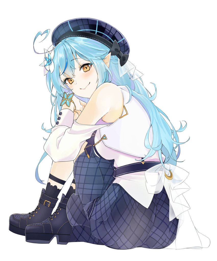 ahoge ankle_strap bare_shoulders belt beret black_footwear black_socks blue_belt blue_hair blue_hat blue_journey_(hololive) blue_skirt blush boots braid breasts closed_mouth clothing_cutout colored_tips commentary_request cross-laced_footwear crossed_bangs double-parted_bangs female flower from_behind from_side hair_between_eyes hair_flower hair_ornament half_updo hat heart heart_ahoge highres hololive hugging_own_legs impossible_clothes impossible_shirt impossible_skirt knees_up lace-up_boots large_breasts legwear_garter long_hair long_sleeves looking_at_viewer maitopartan medium_skirt multicolored_hair official_alternate_costume plaid plaid_headwear plaid_skirt pleated_skirt pointy_ears shirt shoulder_cutout simple_background sitting skirt sleeve_cuffs smile socks solo virtual_youtuber white_background white_shirt yellow_eyes yukihana_lamy