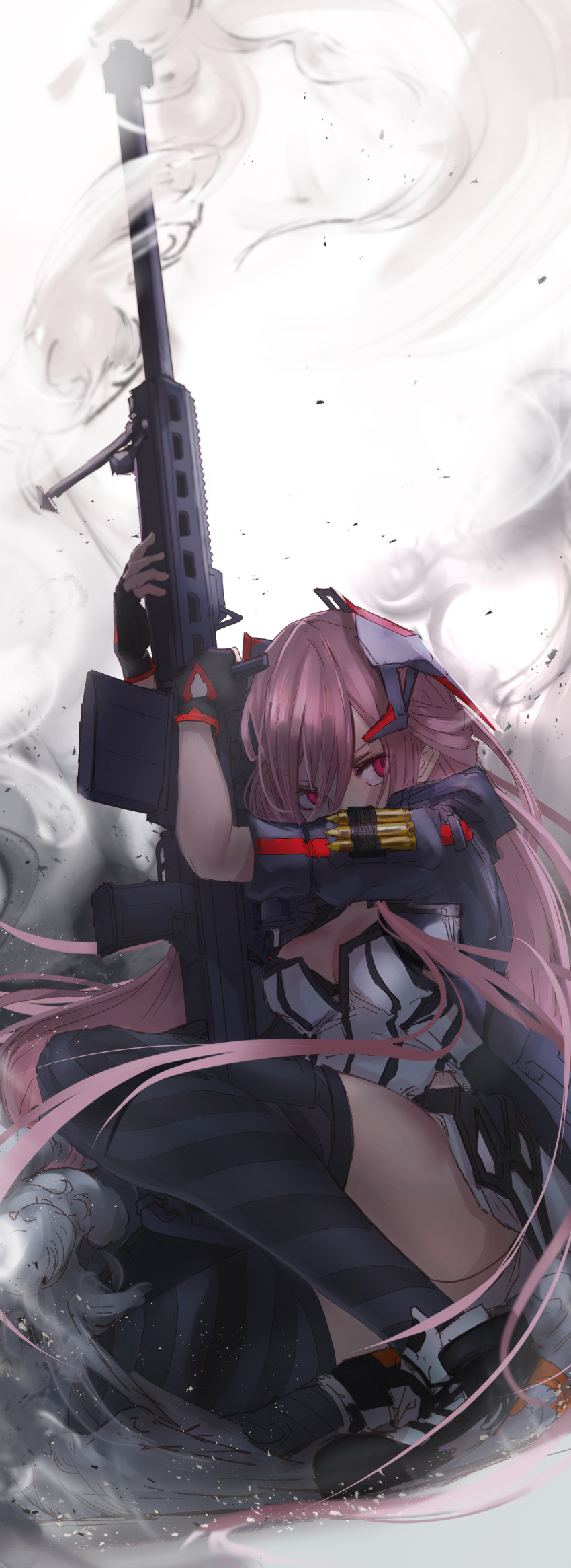 absurdres anti-materiel_rifle barrett_m82 bipod black_thighhighs breasts cleavage covering_own_mouth female fingerless_gloves full_body girls'_frontline gloves gun headgear highres holding holding_gun holding_weapon jacket long_hair m82a1_(girls'_frontline) nakasaku-p on_one_knee pink_hair red_eyes rifle short_sleeves smoke smoking_barrel sniper_rifle solo striped_clothes striped_thighhighs thighhighs very_long_hair weapon