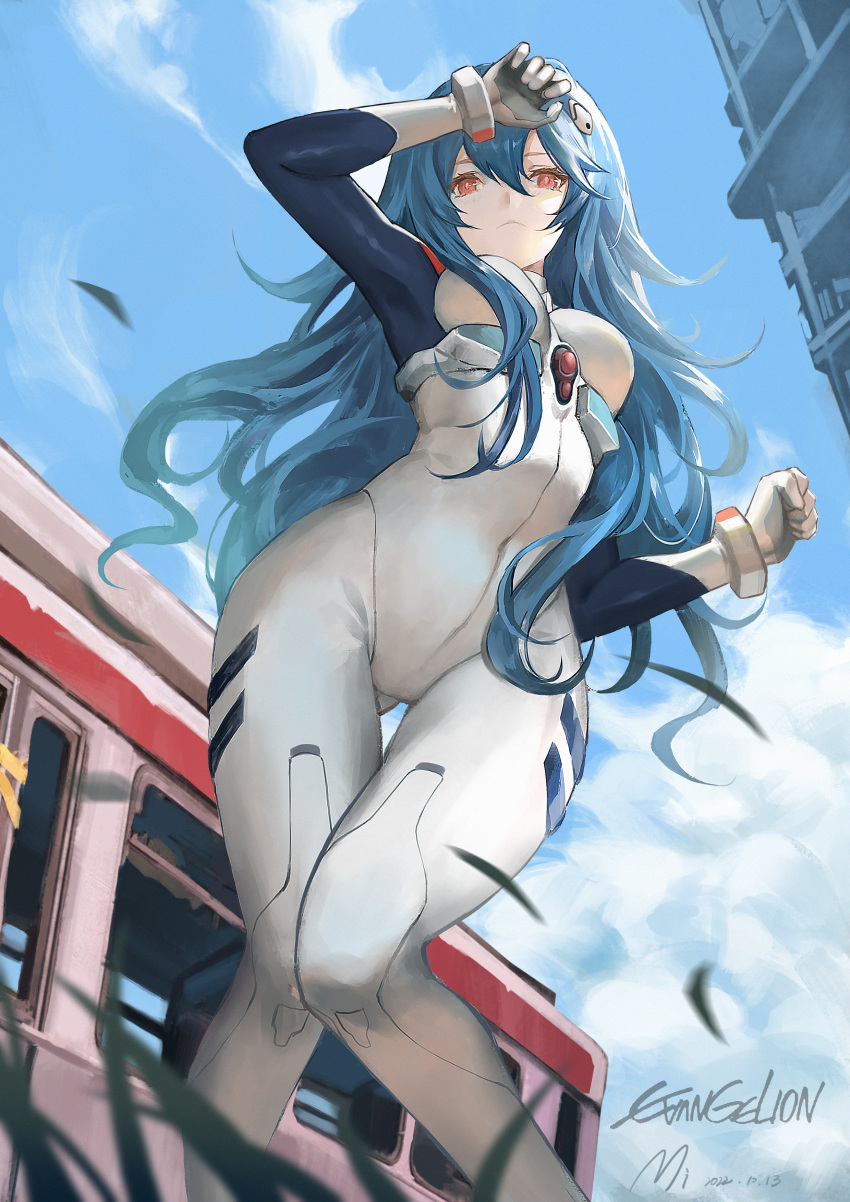 absurdres arm_up ass_visible_through_thighs ayanami_rei blue_hair blue_sky blurry bodysuit building clenched_hand cloud copyright_name covered_navel dated day depth_of_field feet_out_of_frame female from_below grass hair_between_eyes hand_on_own_head hand_up highres interface_headset knees_together_feet_apart long_hair looking_ahead mi_(630956686) neon_genesis_evangelion outdoors plugsuit red_eyes signature sky solo standing train white_bodysuit