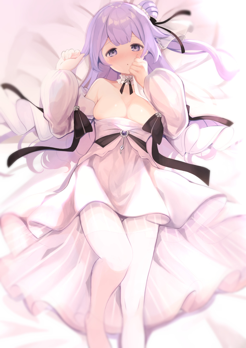 :o absurdres amacha azur_lane bed_sheet black_ribbon blush breasts cleavage commentary_request detached_sleeves dress female hair_bun hair_ribbon hands_up highres long_hair long_sleeves lying medium_breasts no_shoes nose_blush official_alternate_costume on_back one_side_up pantyhose parted_lips puffy_long_sleeves puffy_sleeves purple_eyes purple_hair ribbon see-through single_hair_bun single_side_bun solo strapless strapless_dress striped_clothes striped_pantyhose unicorn_(a_dream_of_pure_vows)_(azur_lane) unicorn_(azur_lane) vertical-striped_clothes vertical-striped_pantyhose very_long_hair white_dress white_pantyhose white_sleeves