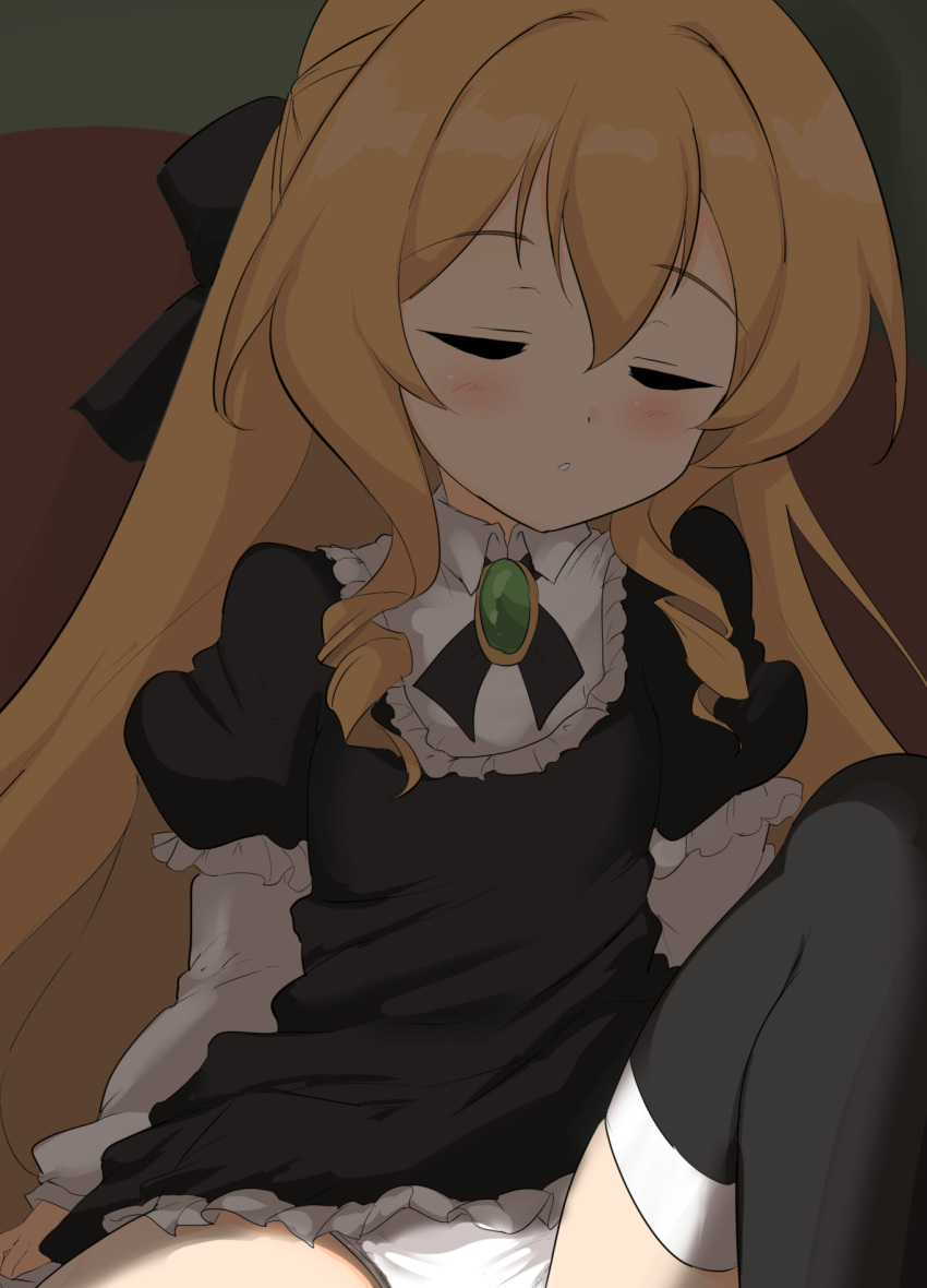 black_bow black_dress black_thighhighs blonde_hair blush bow brooch closed_eyes collared_shirt commentary_request dress facing_viewer feet_out_of_frame female hair_between_eyes hairbow highres hizashi_no_naka_no_real jewelry knee_up layered_sleeves long_hair long_sleeves momio original panties parted_lips puffy_short_sleeves puffy_sleeves ringlets shirt short_over_long_sleeves short_sleeves solo thighhighs underwear very_long_hair white_panties white_shirt