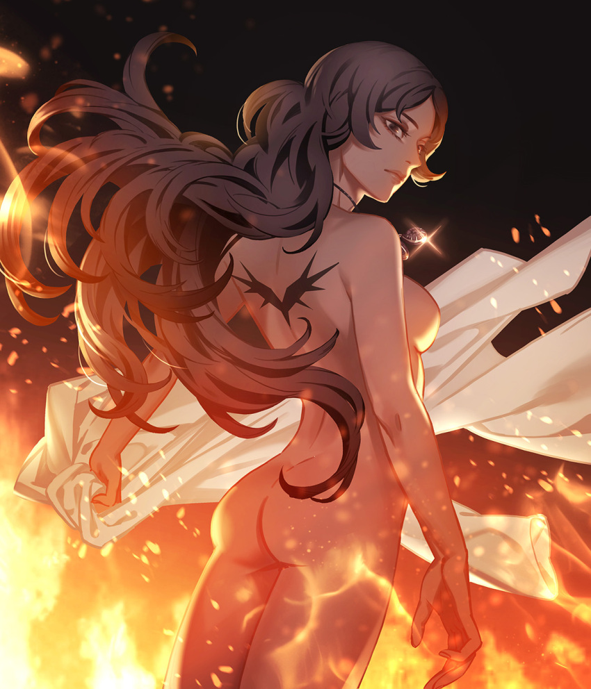 akakokko_(niro_azarashi) arm_at_side ass back_tattoo birdmen black_background black_eyes black_hair breasts burning closed_mouth cowboy_shot dutch_angle eva_oulu female fire from_behind frown glint highres holding holding_clothes jewelry long_hair looking_at_viewer looking_back necklace nude pendant solo tattoo unworn_clothes very_long_hair wing_tattoo