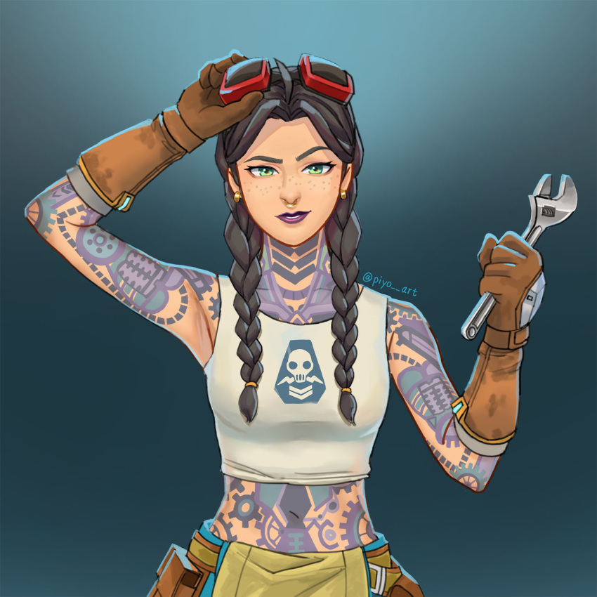 arm_tattoo armpits artist_name black_hair braid brown_gloves commentary_request crop_top earrings female fortnite freckles full-body_tattoo gloves goggles goggles_on_head green_eyes highres jewelry jules_(fortnite) logo neck_tattoo nose_piercing nose_ring piercing piyo_art print_shirt purple_lips shirt shoulder_tattoo solo tattoo twitter_username wrench