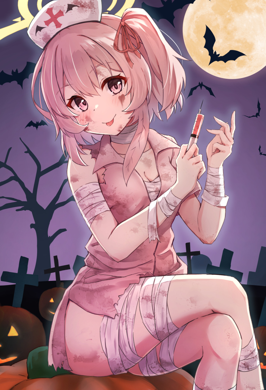 animal ass bandaged_arm bandaged_chest bandaged_leg bandages bat_(animal) blue_archive blush breasts cleavage closed_mouth collarbone dress feet_out_of_frame female graveyard hair_between_eyes hair_ribbon halloween halloween_costume halo hat highres holding holding_syringe jack-o'-lantern looking_at_viewer matsu520 nurse_cap one_side_up pink_dress pink_eyes pink_hair red_ribbon revision ribbon serina_(blue_archive) serina_(nurse)_(blue_archive) short_hair short_sleeves smile solo syringe tombstone tongue tongue_out white_hat yellow_halo