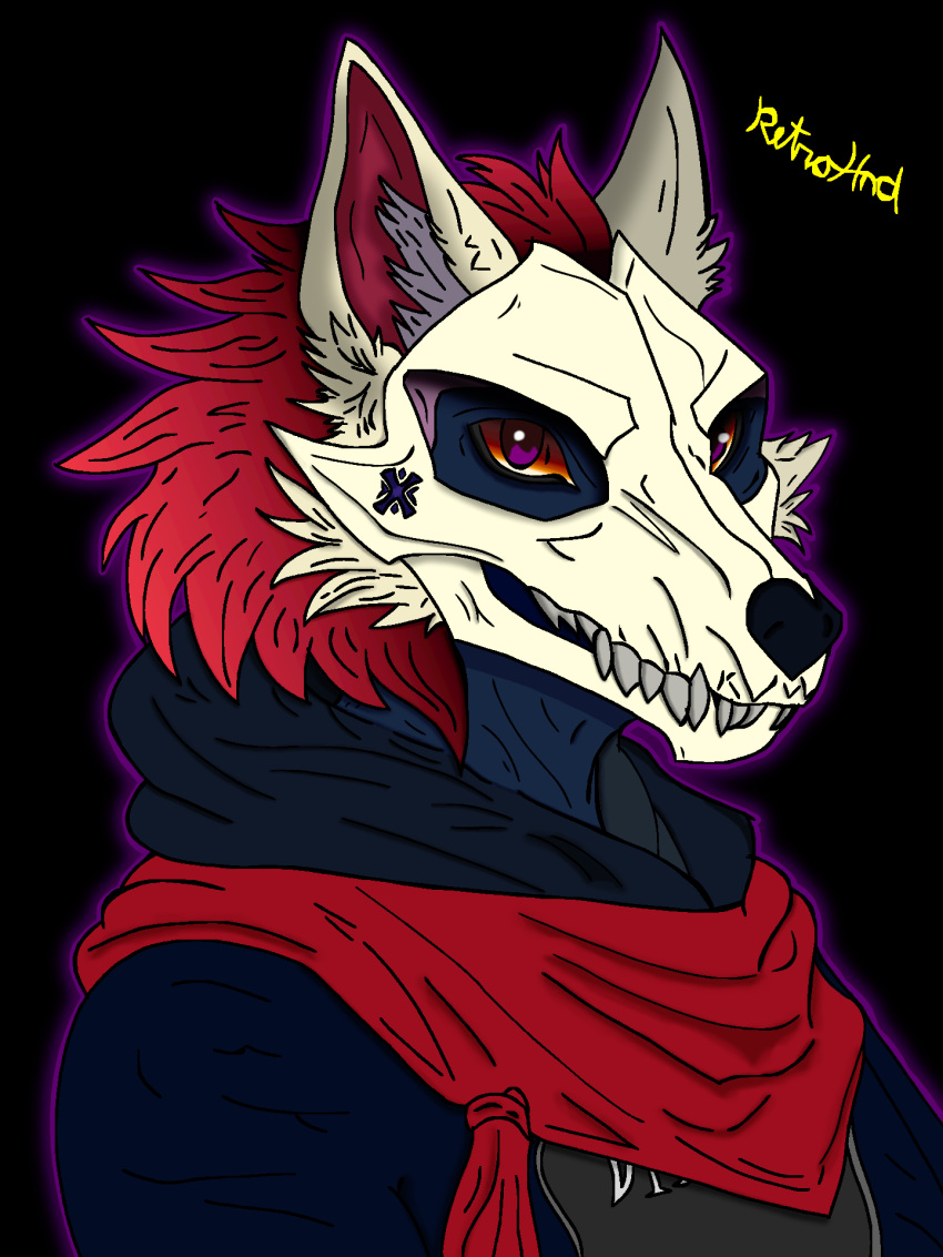 3:4 anthro bandana blue_body bone canid canine canis clothing disturbed_(band) edwardsjs21 fur hair hi_res jacket kerchief male mammal mask purple_eyes red_hair retrohnd shirt skull skull_head skull_mask skulldog_(species) topwear white_body white_fur wolf