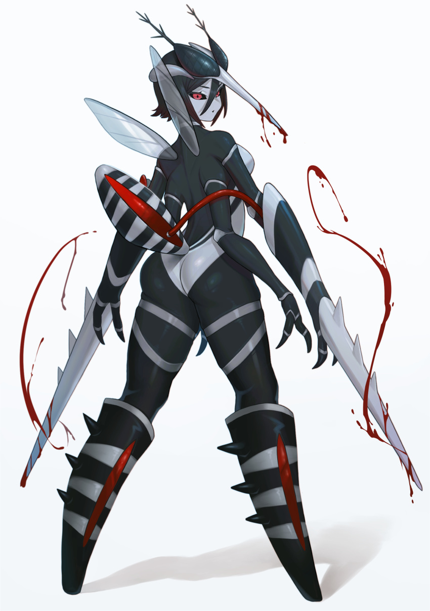 :o abdomen_tail absurdres antennae arthropod_girl arthropod_limbs black_hair black_sclera black_skin blood blood_on_weapon breasts carapace claws colored_sclera colored_skin compound_eyes daon_(kenta111881) extra_arms female from_behind full_body gradient_hair grey_skin hair_between_eyes highres insect_wings looking_at_viewer looking_back medium_breasts monster_girl mosquito_girl multicolored_hair multicolored_skin no_feet open_mouth original proboscis red_eyes shadow short_hair simple_background solo standing tail weapon white_background wings