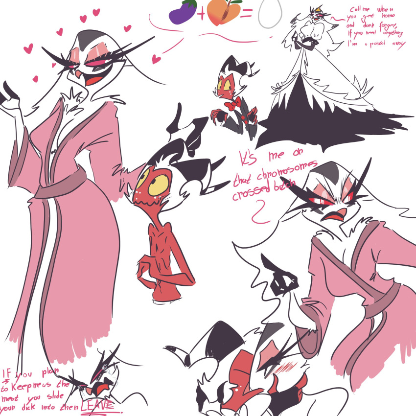 1:1 anthro avian bird dialogue duo feathers female helluva_boss hi_res humanoid imp impregnation_request kissing male male/female moxxie_(helluva_boss) owl owl_demon red_body red_eyes red_skin simple_background splendidsplend8 stella_(helluva_boss) white_background white_body white_feathers yellow_eyes