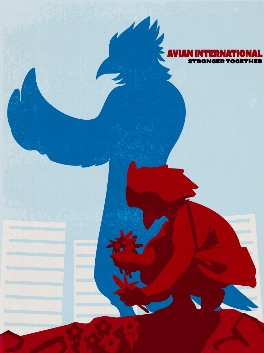 3:4 absurd_res ambiguous_gender anthro avian bird building clothed clothing crouching duo english_text flower graphic_design hi_res holding_flower holding_object huge_filesize illustration iriushoot minimalism minimalist modern picking_flowers plant poster silhouette standing text